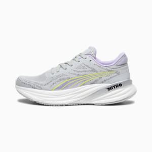 Tenis de correr Magnify NITRO 2 para mujer, Ash Gray-PUMA White-Yellow Burst-Vivid Violet, extralarge
